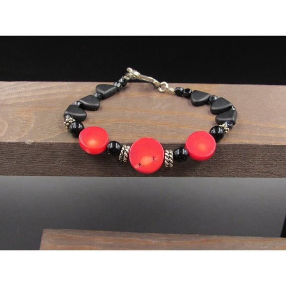 7" Sterling Silver Black Stone & Red Shell Bracelet Vintage Elegant Beautiful - Picture 3 of 7